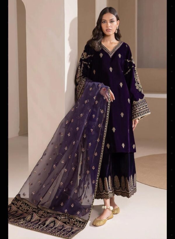 Velvet Elegance Purple Embroidered Unstitched Suit By JAZMIN